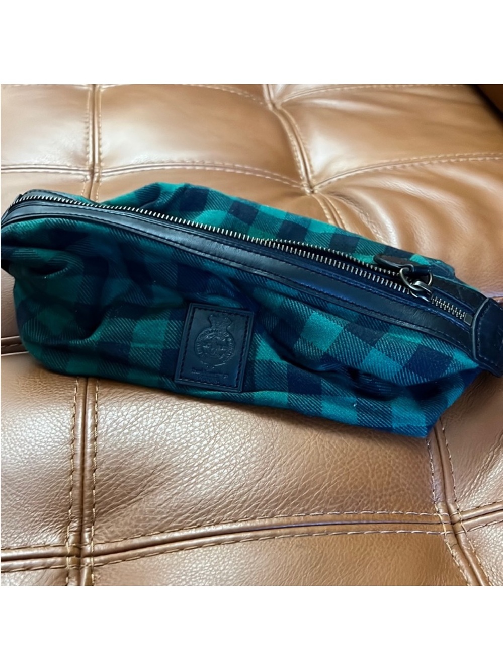 Polo Ralph Lauren  duffle cosmetic bag Black Watch tartan embossed leather logo